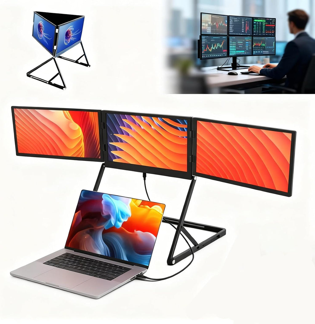 Triple Laptop Screen Extender, HDMI/USB-C Pl-UG N Play, Windows/Mac/Android Compatible, 12-18.5in Laptop Fit, Travel-Friendly Triple Display.