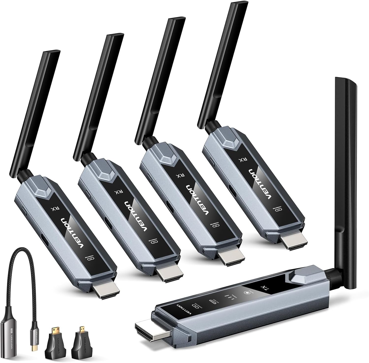 VENTION Wireless HDMI Transmitter and Receiver 656FT with LED Screen, Up to 6 RXs, Heat-Control, Plug & Play Wireless HDMI Extender Kit 4K Decode to Monitor from PC/Projector/TV Box(1TX+4RX)