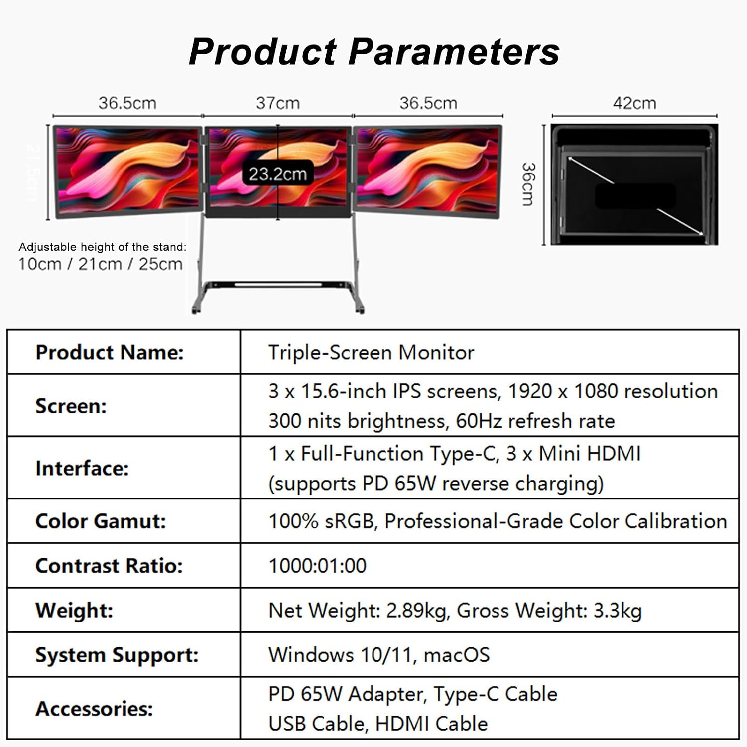Professional Triple Laptop Monitor Extender, 15.6' 1080P Portable Foldable Display, Adjustable Height, Speakers Included