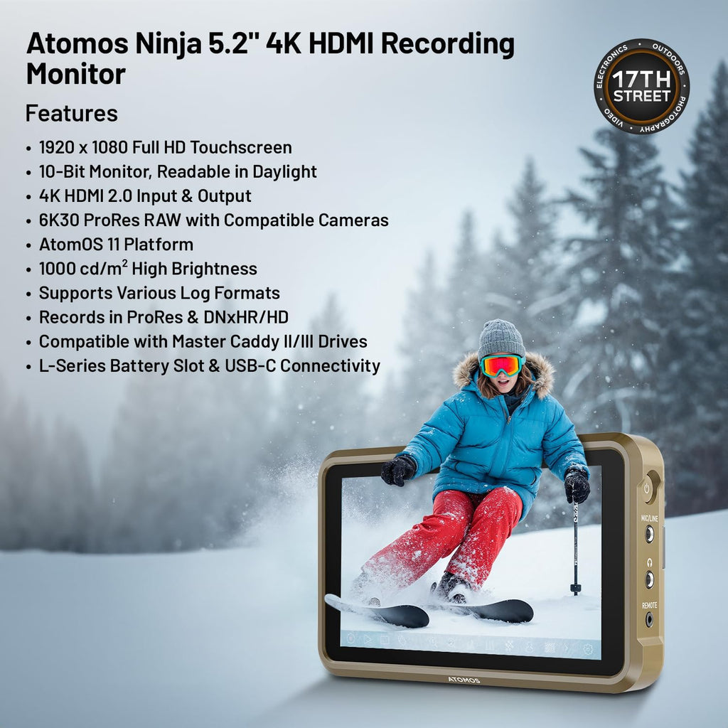Atomos Ninja 5.2' 4K HDMI Recording Monitor with Atomos StudioSonic Professional Over-Ear Headphones (Black), Headphone Stand & Swivel and Tilt Adjustable Monitor Mount (Cold Shoe Mount) Bundle Kit