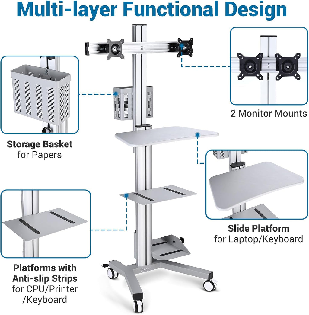 AW 32' Mobile PC Stand Workstation, Height Adjustable Dual Monitor Mount, Rolling Computer Cart on Wheels, ANSI/BIFMA X5.5-2021 Certificated Silver