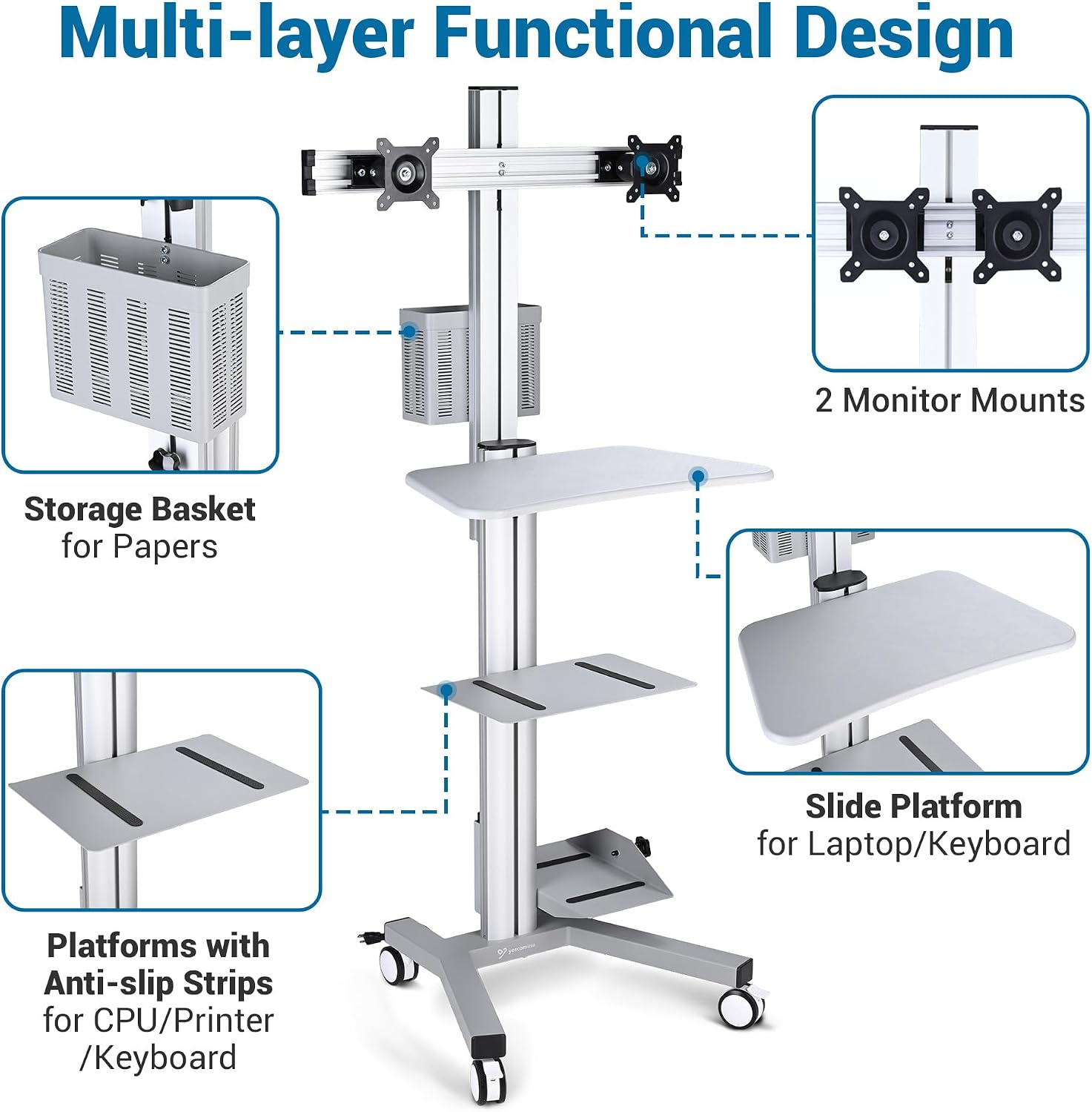 AW 32' Mobile PC Stand Workstation, Height Adjustable Dual Monitor Mount, Rolling Computer Cart on Wheels, ANSI/BIFMA X5.5-2021 Certificated Silver