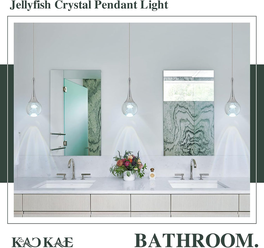LED Pendant Light Kitchen Island Jellyfish Crystal Pendant Lights Dimmable Chrome Modern Hanging Light for Bedroom Bathroom Living Room 6000K Cool White, 3 Pack