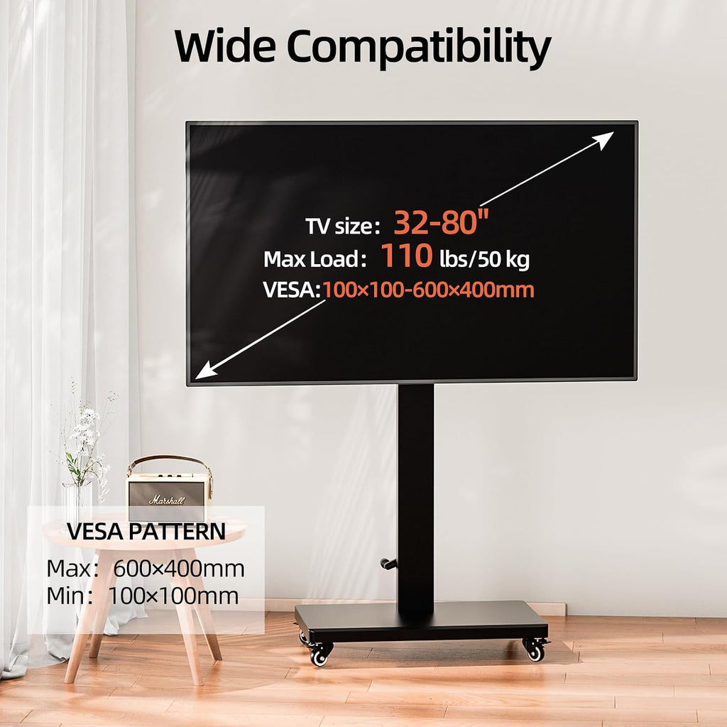 Mobile TV Cart Stand with Wheels for 32-80 Inch TVs,90°Landscape to Portrait Rotating,Manual Height Adjustable,Max VESA 600x400mm,Holds 110 Lbs,Mobile TV Cart Rolling TV Stand,XL-XZ08B