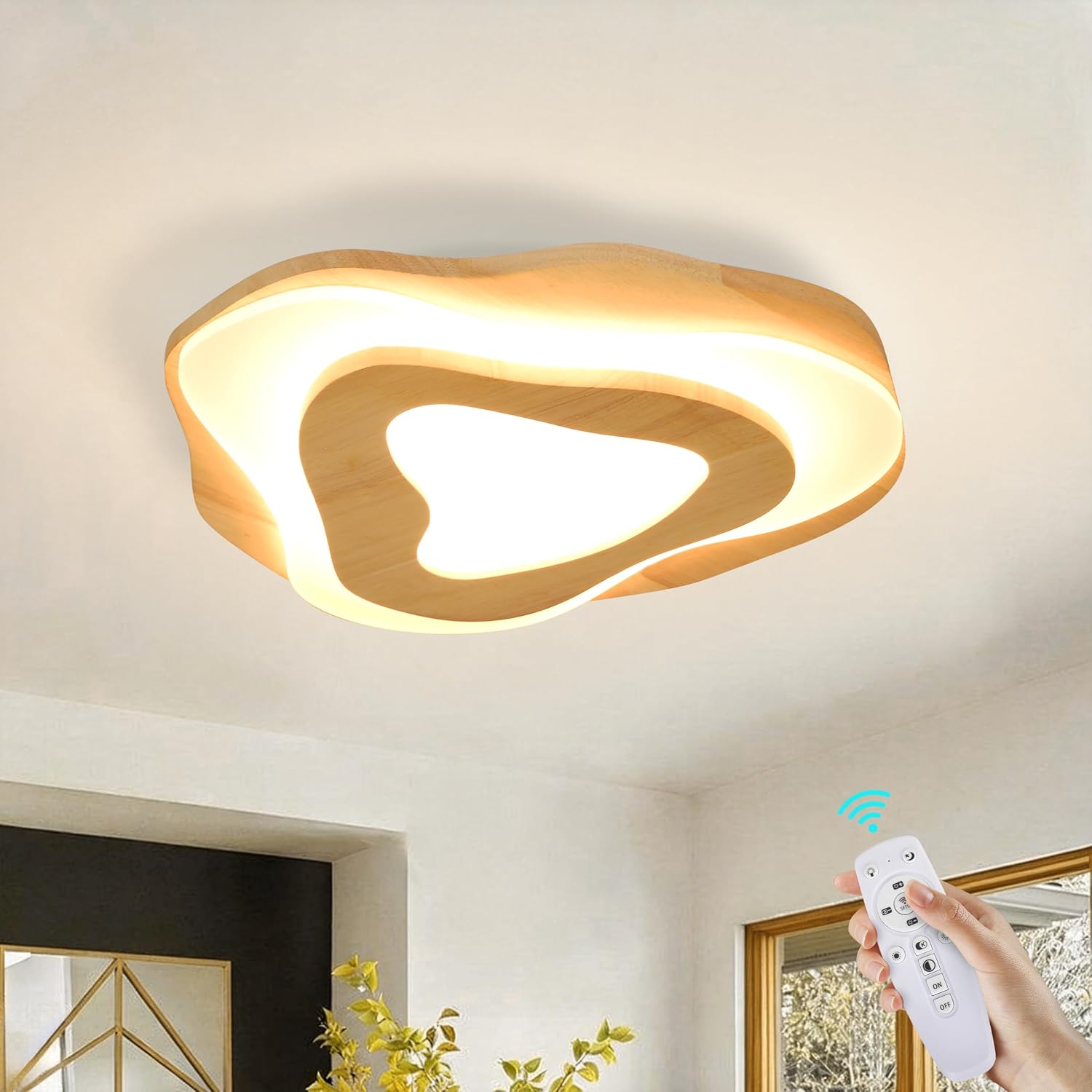 Littleglovo 15.7' Modern Flush Mount LED Chandelier for Dining Room, Dimmable Natural Wood Petal Energy Chandeliers Ceiling Light for Entryway Bedroom Foyer Kitchen Living Room Bathroom