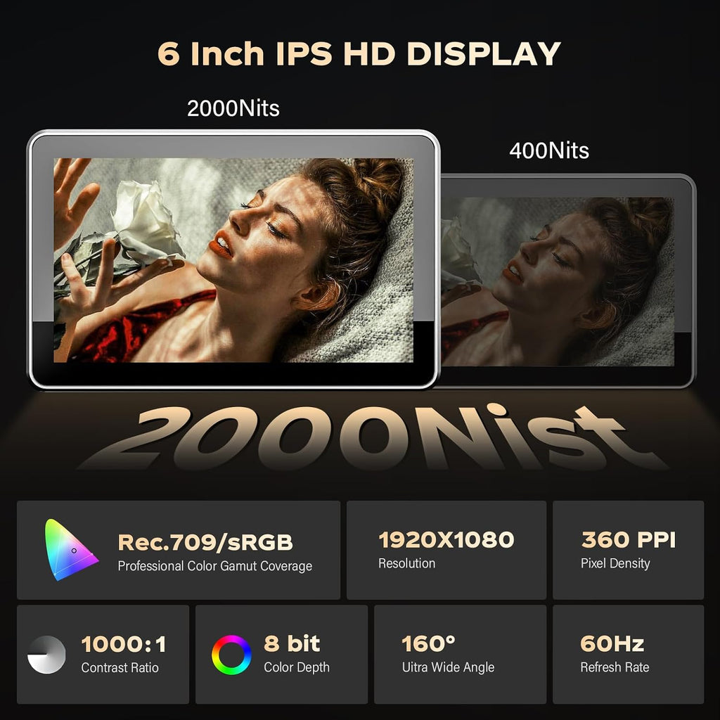 VILTROX DC-X2 Cage 6' SDI Camera Field Monitors 2000nits Super Bright Daylight Viewable External Monitor for 4k HDMI DSLR Touchscreen Monitor for Sony Canon Nikon with Sunshield 2200 MAh Battery