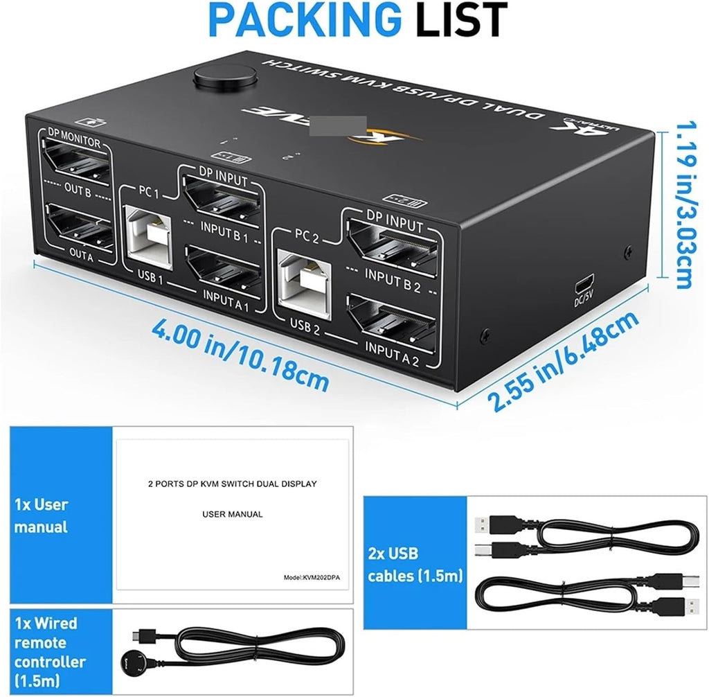 KVM Switch Dual Display Switcher Cable 1.4 Extended Display 2 PC Or Laptop Share Keyboard Mouse Printer Monitors