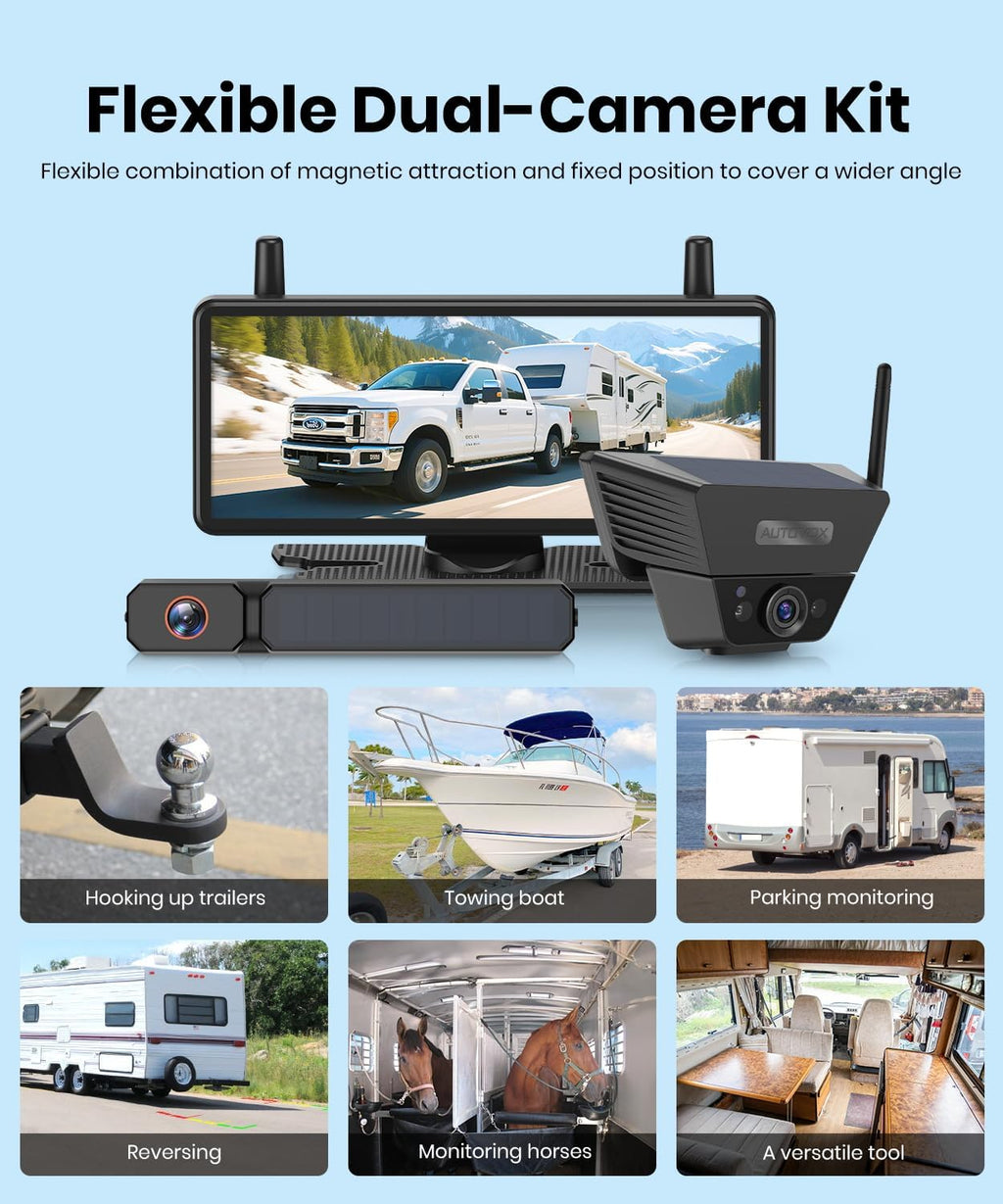AUTO-VOX 2 Solar Wireless Backup Camera System: 7.2' 1080P HD Monitor, 3-Min Quick Installation for Wider Rear & Trailer View, IP69K Waterproof Back Up Camera for Truck, RV, Camper, Horse/Boat Trailer