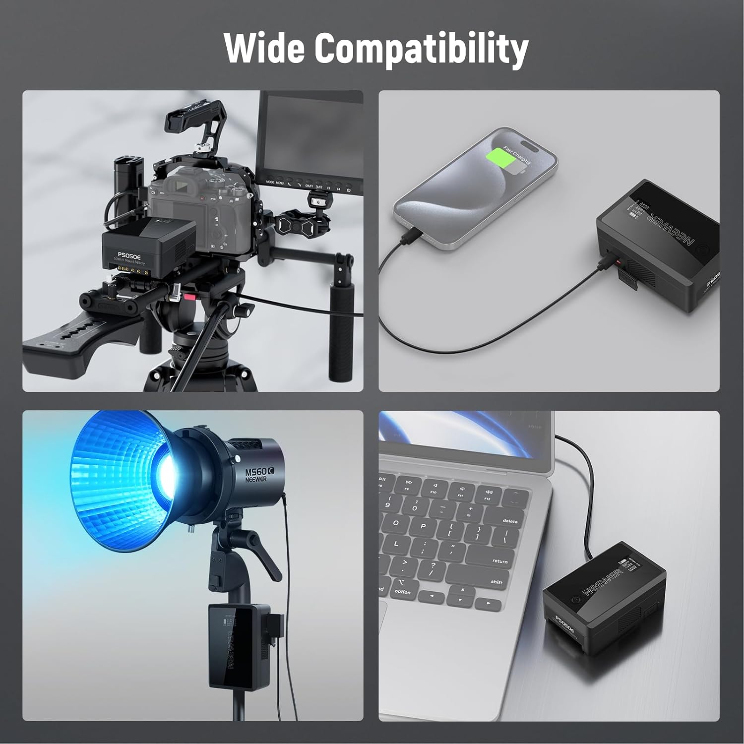 NEEWER Mini V Mount Battery, 45W PD Fast Charging, 3450mAh 50Wh 14.54V V Lock Battery with D Tap/USB C/USB A/BP/2 DC Ports/OLED Screen/Cleaning Cloth for Camera Monitor Camcorder Video Light, PS050E
