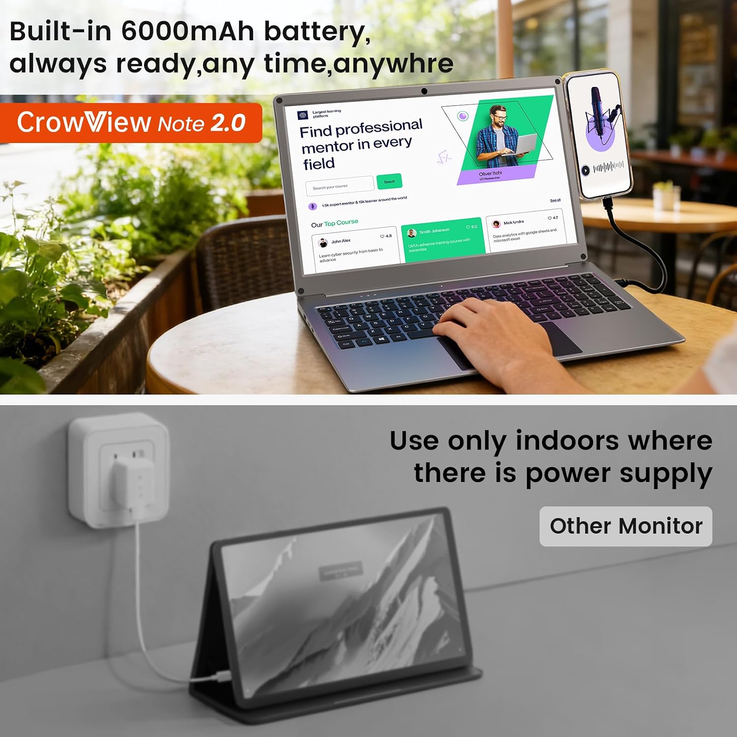 Portable Monitor with Keyboard, 15.6 Inch Lapdock Display with 6000mah Built-in Battery,CrowView Note 1080P FHD USB C Monitors with RPi5 Adapters Compatible with RPi5, PC, Phone, Mac, Game Console