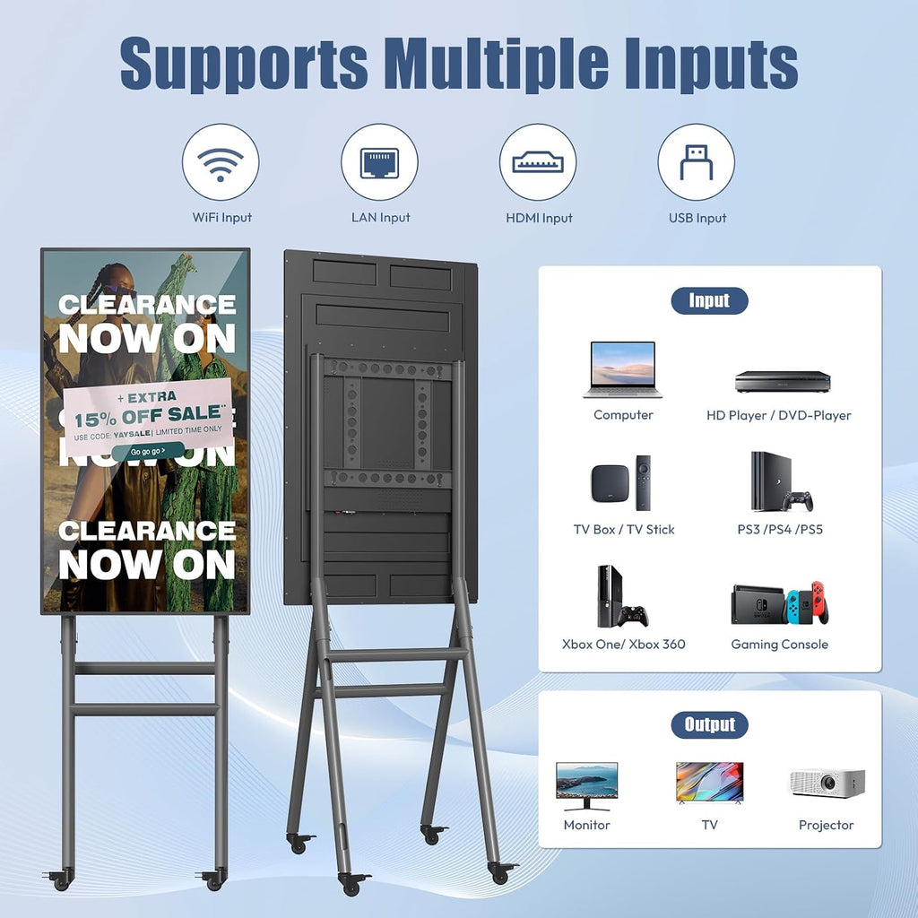 MWE 43 Inch Mobile Digital Signage Display Kiosk with Flight Case, Portable Digital Poster with Screen Mirroring App Publishing, Advertising Display Kiosk, Android OS
