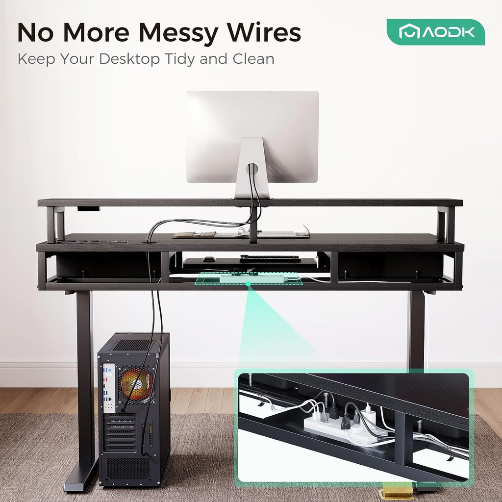 AODK Electric Standing Desk with Drawers & Keyboard Tray, 63 Inch Height Adjustable Gaming Desk with Power Outlets & LED Lights, Sit Stand Table with Monitor Stand for Home, Office, Black