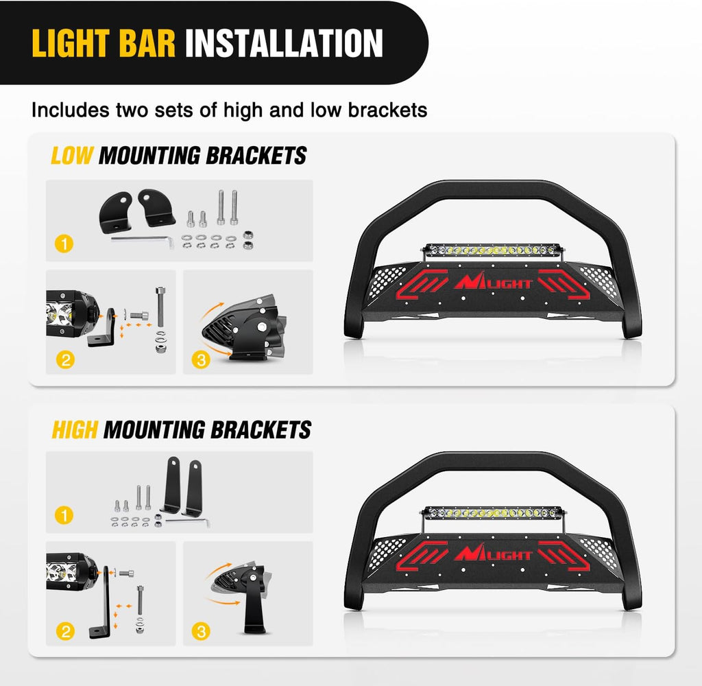 Nilight Bull Bar&License Plate Hole with LED Light Bar Compatible with Ford Ranger 2019 2020 2021 2022 2023 2024 2025 2026 Truck Brush Guard, Front Bumper Push Bar w/Grille Skid Plate Light Mount