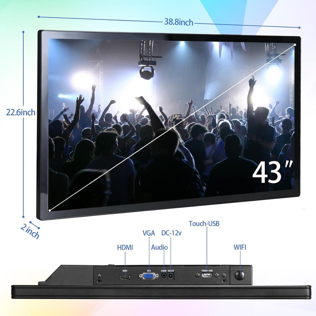 43 inch Capacitive Multi-Touch Screen Industrial Monitor, Built-in Speakers, USB, VGA, DVI & HD-MI Ports,16:9 Display and 1920 x 1080P, Digital Signage Displays Player for Advertising