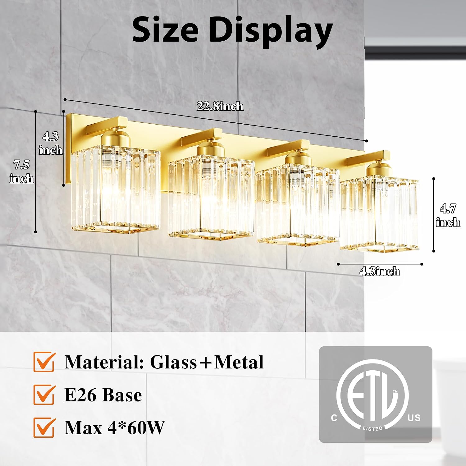 Bathroom Vanity Light Fixtures Over Mirror 4 Crystal Lights - Makeup Lighting Pure Gold - for Modern Wall, Bath, Desk, Farmhouse, Hallway
