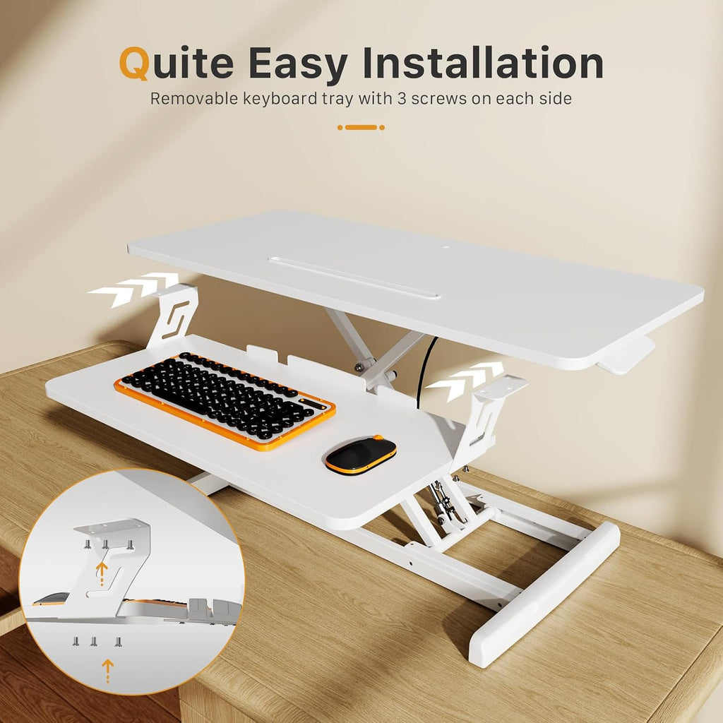 JOY worker Standing Desk Converter, 35' Wide Height Adjustable Sit Stand Up Desk Riser with Keyboard Tray, Desktop Workstation Riser for Home Office Computer Laptop, Particle Board, White