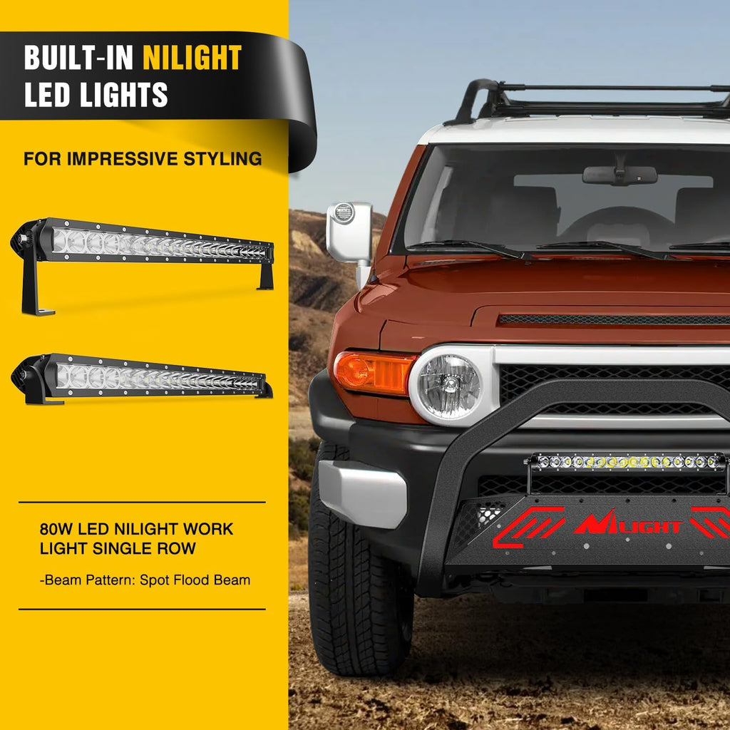 Nilight Bull Bar with Light Bar&License Plate Hole Compatible with Toyota Fj Cruizer 2007-2014 Truck Brush Guard, Front Bumper Push Bar w/Grille Skid Plate Light Mount