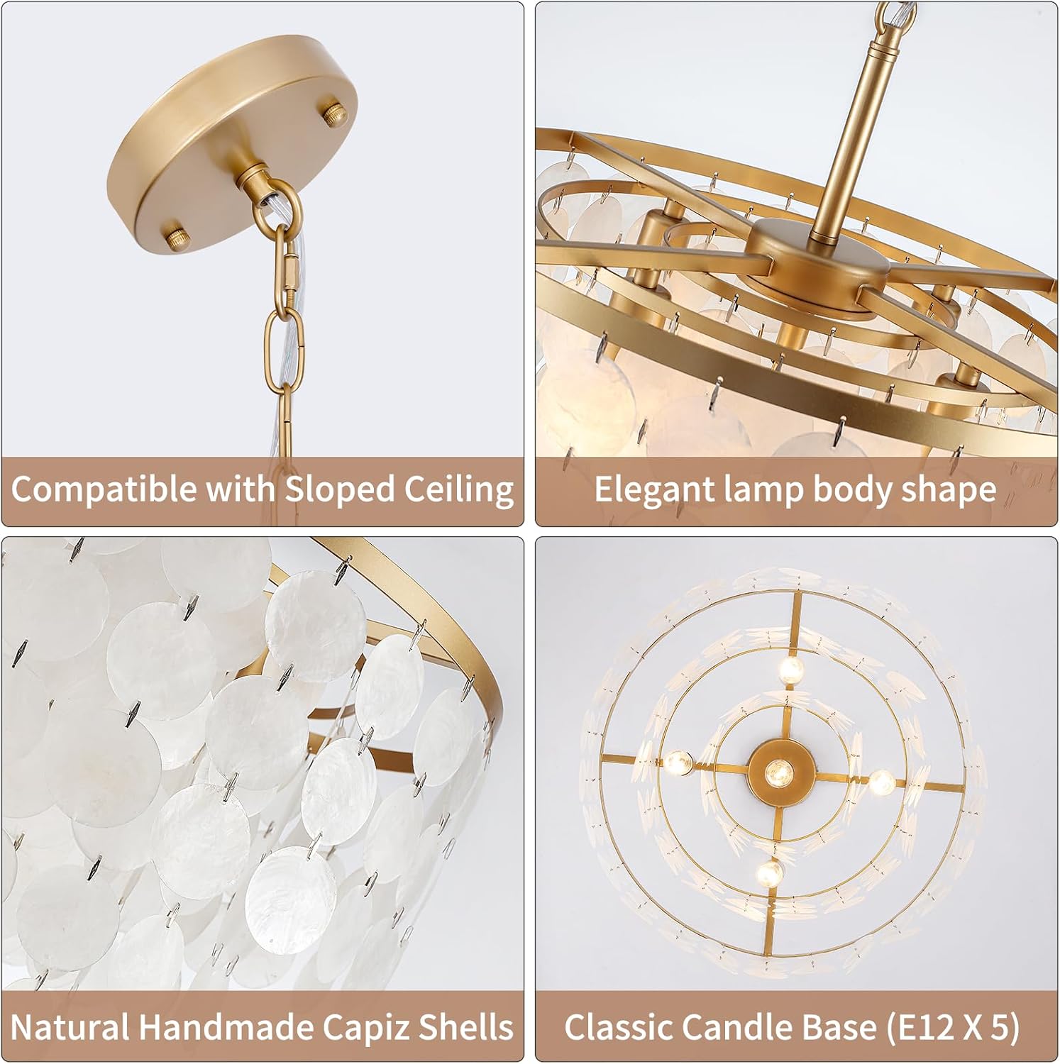 17.72' Capiz Shell Chandelier, 5 Light Modern Coastal Chandeliers, Gold Dining Room Light Fixture, Natural Seashell Hanging Light Fixtures for Living Room Bedroom Kitchen Foyer Bathroom