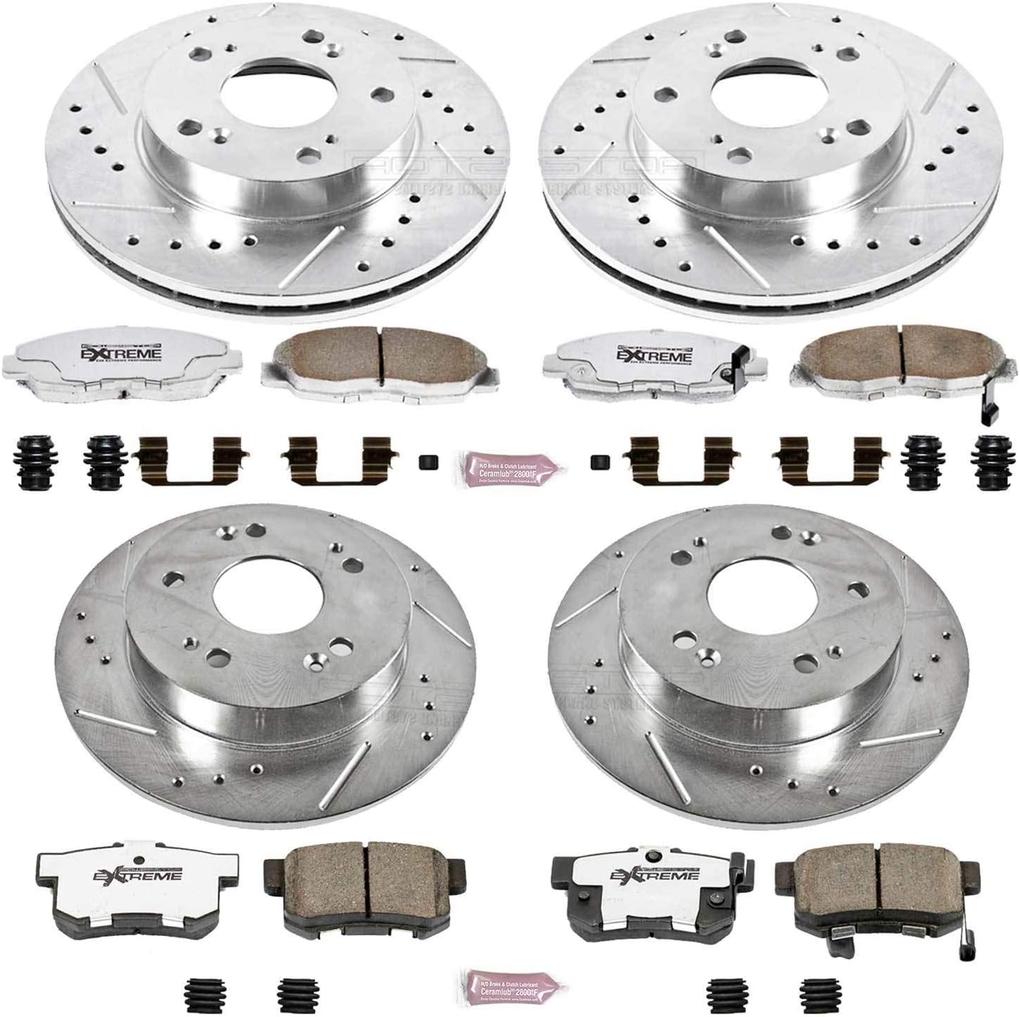 PowerStop Front and Rear Brake Kit for Honda Civic 2006-11 - Carbon-Fiber Ceramic Z26 Brake Pads + Drilled & Slotted Rotors Upgrade, K2385-26