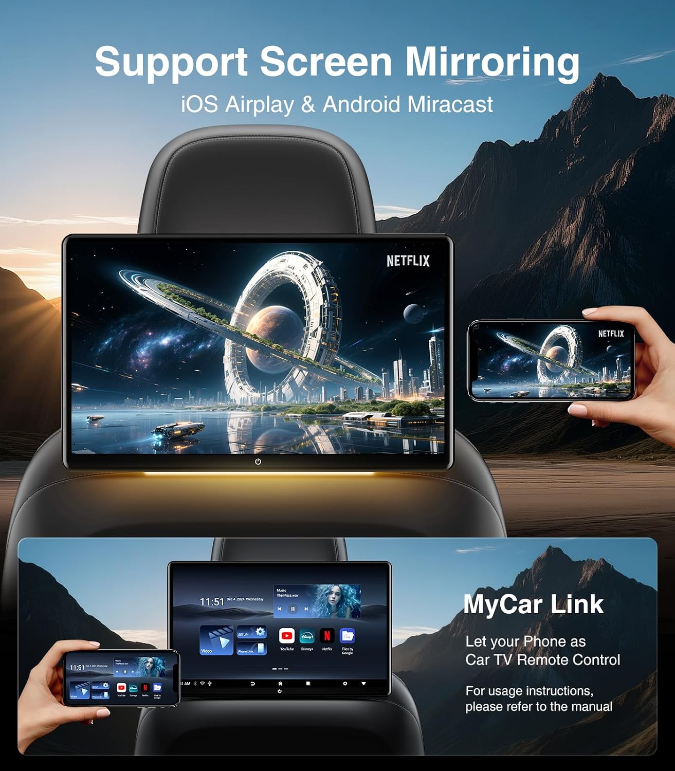 15.6inch Android 13 Headrest Monitor Car TV Touchscreen Entertainment System for Backseat,Support Phone Wireless Mirroring Sync Screen HDMI Bluetooth USB SD 4K Video Playback (2G+32G(2PCS))