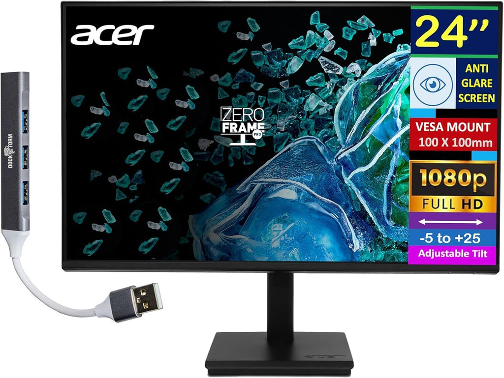 Acer Vero V7 V247 Gbmipx 24' FHD IPS Monitor with 4ms Response Time, Anti-Glare, VESA Mount (100 x 100mm), VGA, HDMI & Dockztorm USB Port Expander, Black Color (UM.QV7AA.G05)