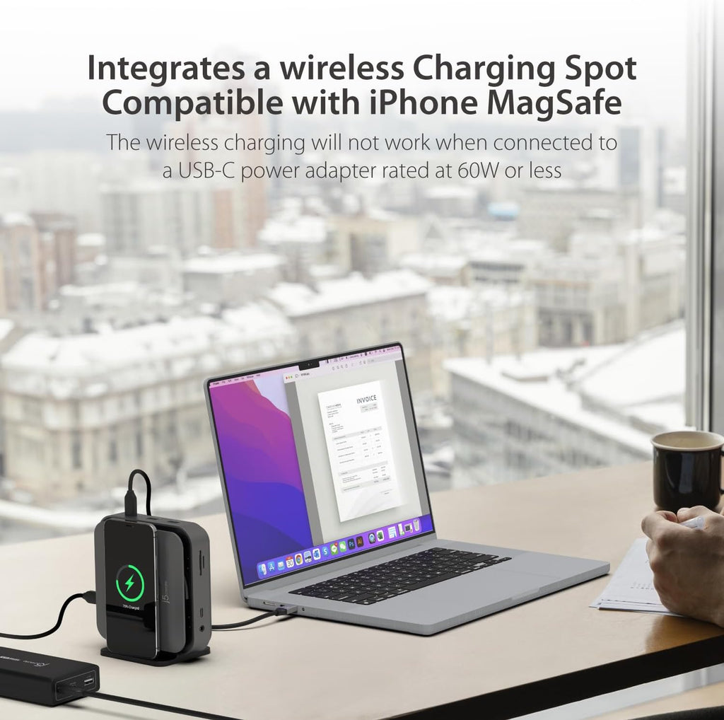 j5create USB-C Dock Dual 4K HDMI - Supports Dual Extended 4K Display for Windows and M1/M2/M3 MacBook, Built-in 15W Magnetic Wireless Charger, USB-A x 2, USB-C x 2, Gigabit ethernet (JCD3199)