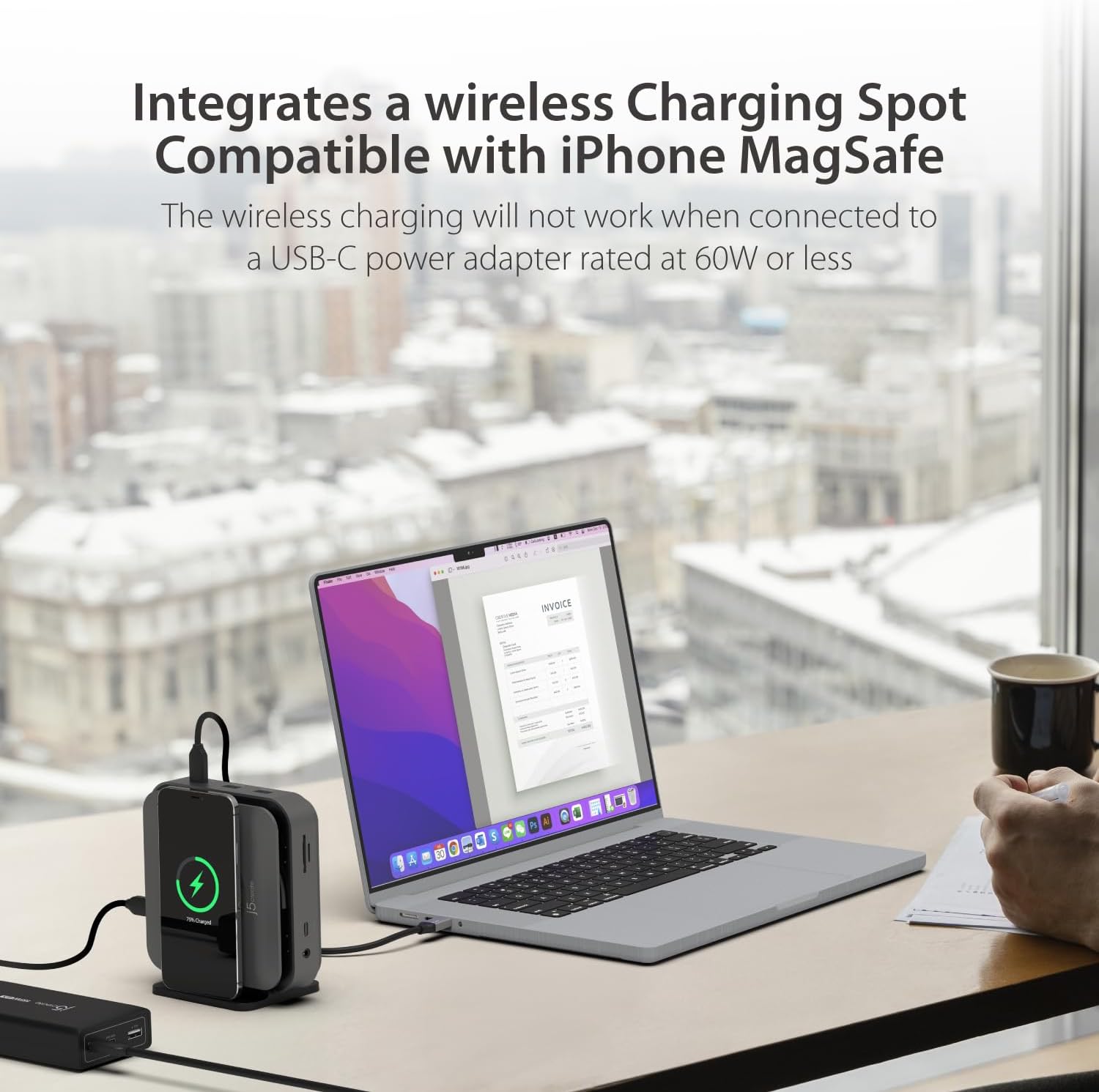 j5create USB-C Dock Dual 4K HDMI - Supports Dual Extended 4K Display for Windows and M1/M2/M3 MacBook, Built-in 15W Magnetic Wireless Charger, USB-A x 2, USB-C x 2, Gigabit ethernet (JCD3199)