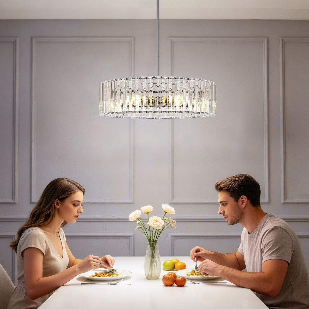 Modern Crystal Chandelier for Dining Room, 6 Light Chrome Semi Flush Mount Ceiling Light Fixtures, 19in Hallway Fixture, Round Kitchen Hanging Drum Pendant Lights Ceiling for Living Room Bedroom Foyer