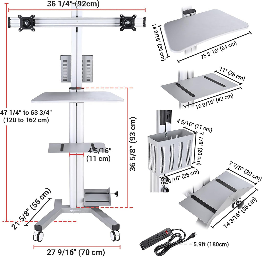 AW 32' Mobile PC Stand Workstation, Height Adjustable Dual Monitor Mount, Rolling Computer Cart on Wheels, ANSI/BIFMA X5.5-2021 Certificated Silver