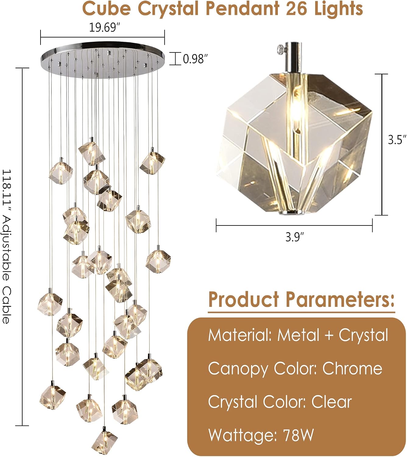 Cube Crystal Staircase Chandelier, 26-Light Raindrop Pendant High Ceiling Chandelier for Staircase, 78W Long Length Clear Crystal Pendant Hanging Light Fixture for Entryway