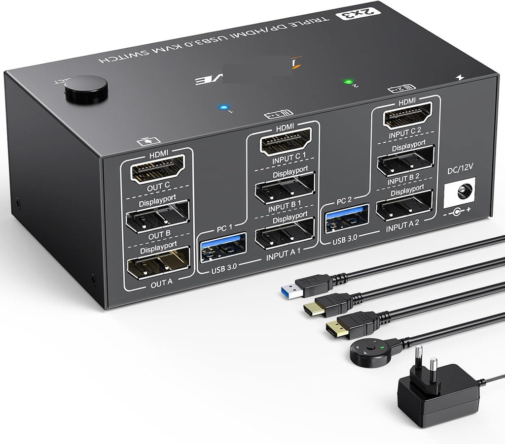 8K Triple Monitor KVM Switch 3 Monitors 2 Computers, 2 Displayport + HDMI USB3.0 KVM Switch with 4 USB 3.0 Port for Keyboard(203DH-2)
