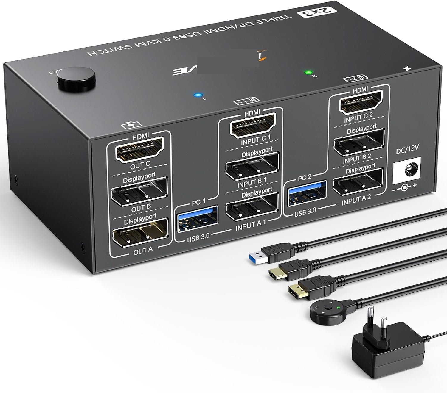 8K Triple Monitor KVM Switch 3 Monitors 2 Computers, 2 Displayport + HDMI USB3.0 KVM Switch with 4 USB 3.0 Port for Keyboard(203DH-2)