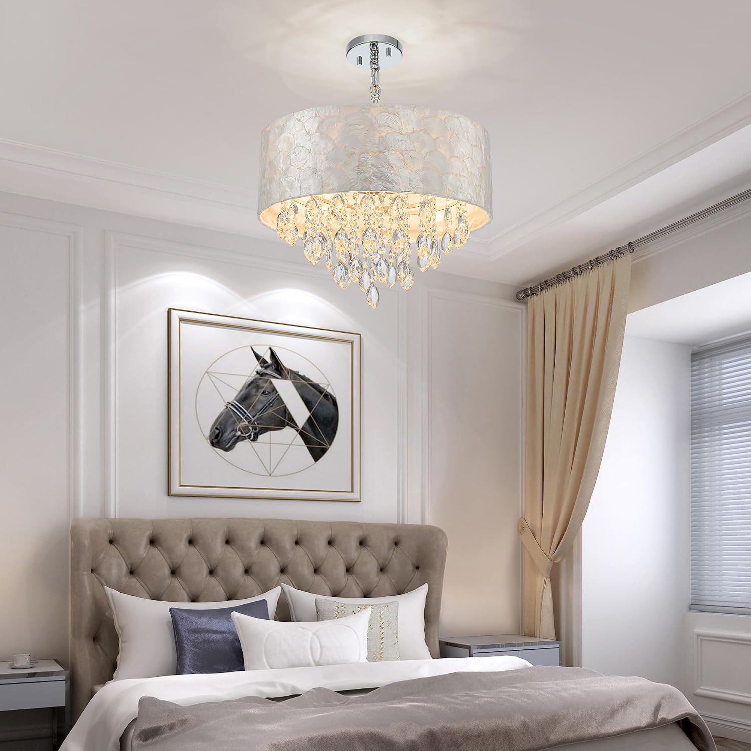 4-Light Drum Capiz Shell K9 Crystal Chandelier, Coastal Style Pendant Light Fixture for Dining Room, Living Room, D17.7 x H21~68 inch (Adjustable), Clear Crystal & Chrome Finish