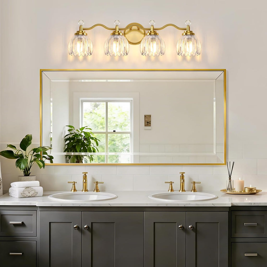 4-Light Bathroom Light Fixtures, Vanity Lights for Bathroom, Wall Lights for Mirror | Clear Glass Shade | Bulbs Not Included | Brushed Gold
