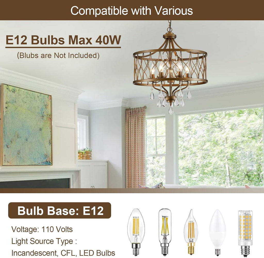 Modern Crystal Chandelier, 5-Light Farmhouse Bronze Chandelier for Dining Room Vintage Hanging Pendant Light Fixtures Round Chandelier for Kitchen Island Entryway Foyer Bedroom Office Bar