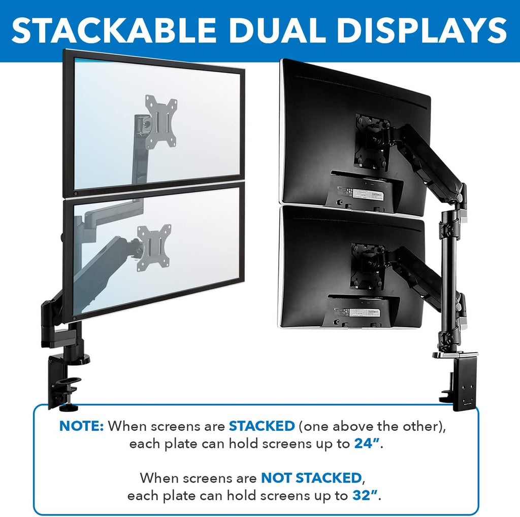 Mount-It! Dual Monitor Arm Desk Mount for 17–32' Screens, Gas Spring Adjustable Monitor Stand, Vertical Stack or Side-by-Side Setup, 17.6 lbs Each Arm, VESA 75x75 100x100, Clamp & Grommet Base MI-4762
