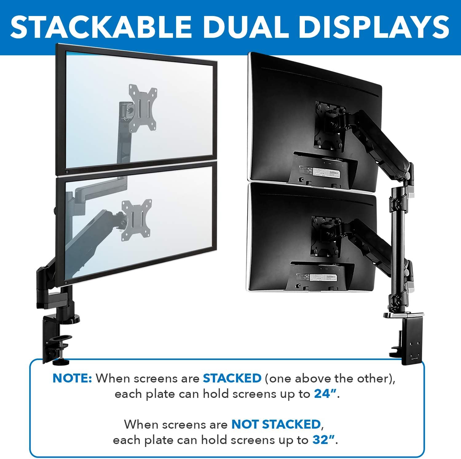 Mount-It! Dual Monitor Arm Desk Mount for 17–32' Screens, Gas Spring Adjustable Monitor Stand, Vertical Stack or Side-by-Side Setup, 17.6 lbs Each Arm, VESA 75x75 100x100, Clamp & Grommet Base MI-4762
