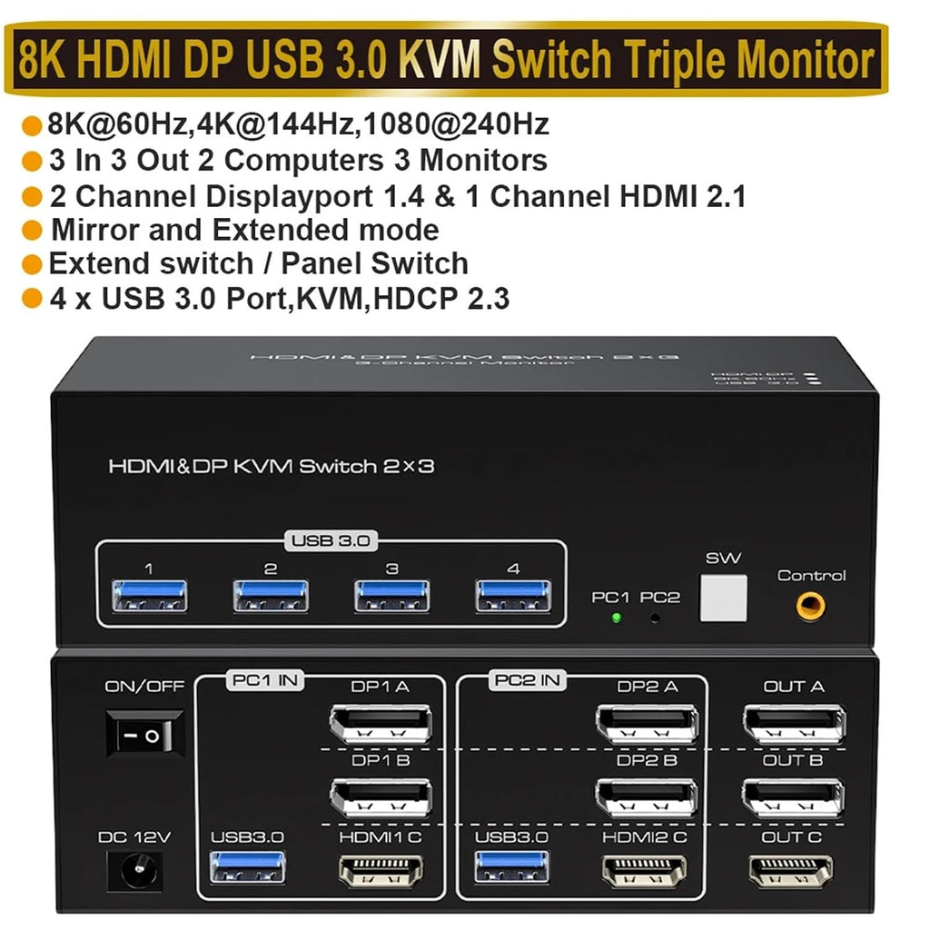 8K Triple Displayport USB 3.0 KVM Switch 3 Monitors 2 Computers 4K 144Hz 2x3 Triple Monitor HDMI DP KVM Switcher Keyboard Mouse(ZY-ASW232,EU Power Plug)