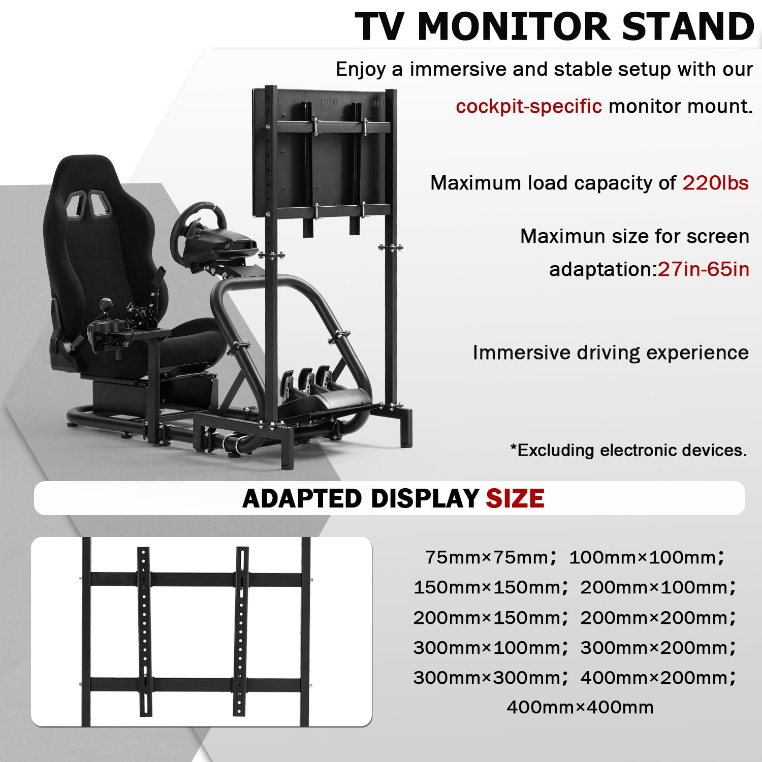 Supllueer Racing Sim Cockpit with Ergonomic Seat Fit for Logitech G27 G923 G920, for Fanatec, for Thrustmaster, 50mm Large Round Tube Driving Simulator Stand, No Steering Wheel Shift Pedal TV