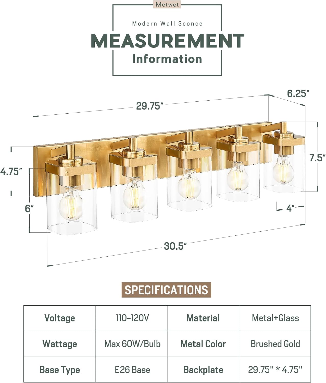 Gold Bathroom Light Fixtures with Square Clear Glass Shade | 30' Brushed Gold Vanity Light, 5-Light Modern Wall Sconces, Vanity Lighting Fixtures Over Mirror, VL194-BG-5