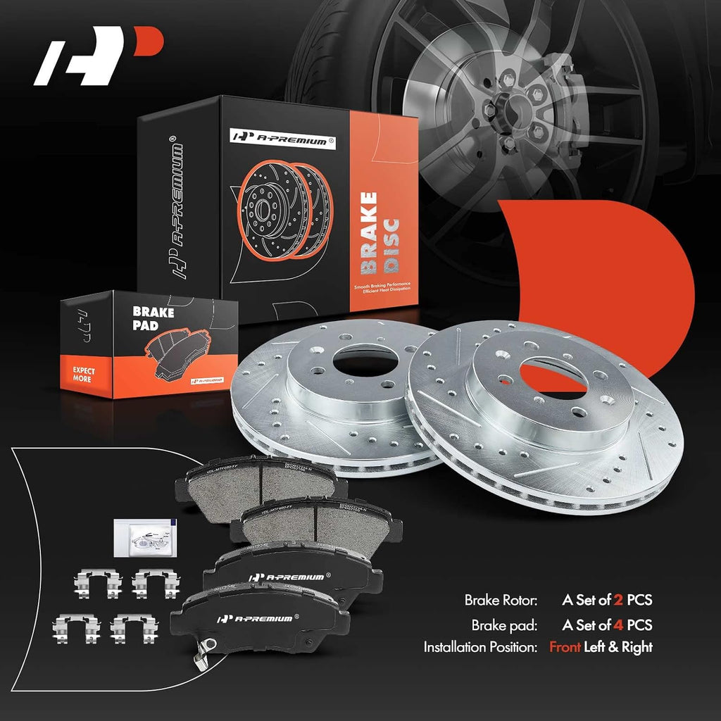 A-Premium 10.32 inch(262 mm) Front Drilled and Slotted Disc Brake Rotors + Ceramic Pads Kit Compatible with Select Honda Models - Civic del Sol 1994 1995 1996 1997 1.6L, Fit 2007 2008 1.5L 6-PC Set