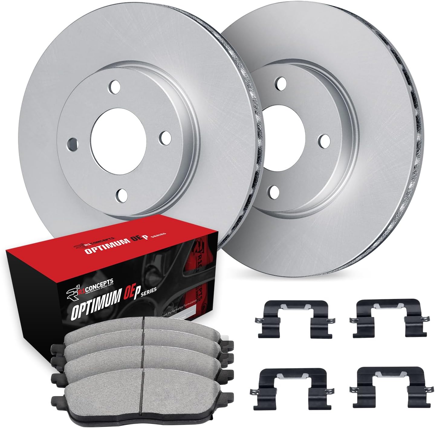 R1 Concepts Front Brake Kit Fits 2003-2005 Honda Civic Hybrid Sedan; 2007-2008 Honda Fit; 2007-2008 Honda Fit USA/CANADA| Optimum Oep Pads, Blank Rotors| Hardware| 10.3' Front