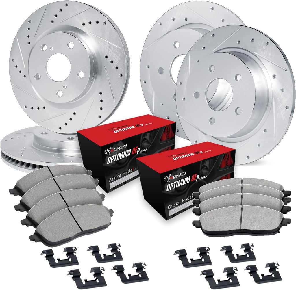 R1 Concepts Front and Rear Brake Kit Fits 2006-2011 Honda Civic Coupe Si; 2007-2011 Honda Civic Sedan Si| Optimum Oep Pads, Drilled Slotted Rotors| Hardware| 11.8' Front & 10.2' Rear