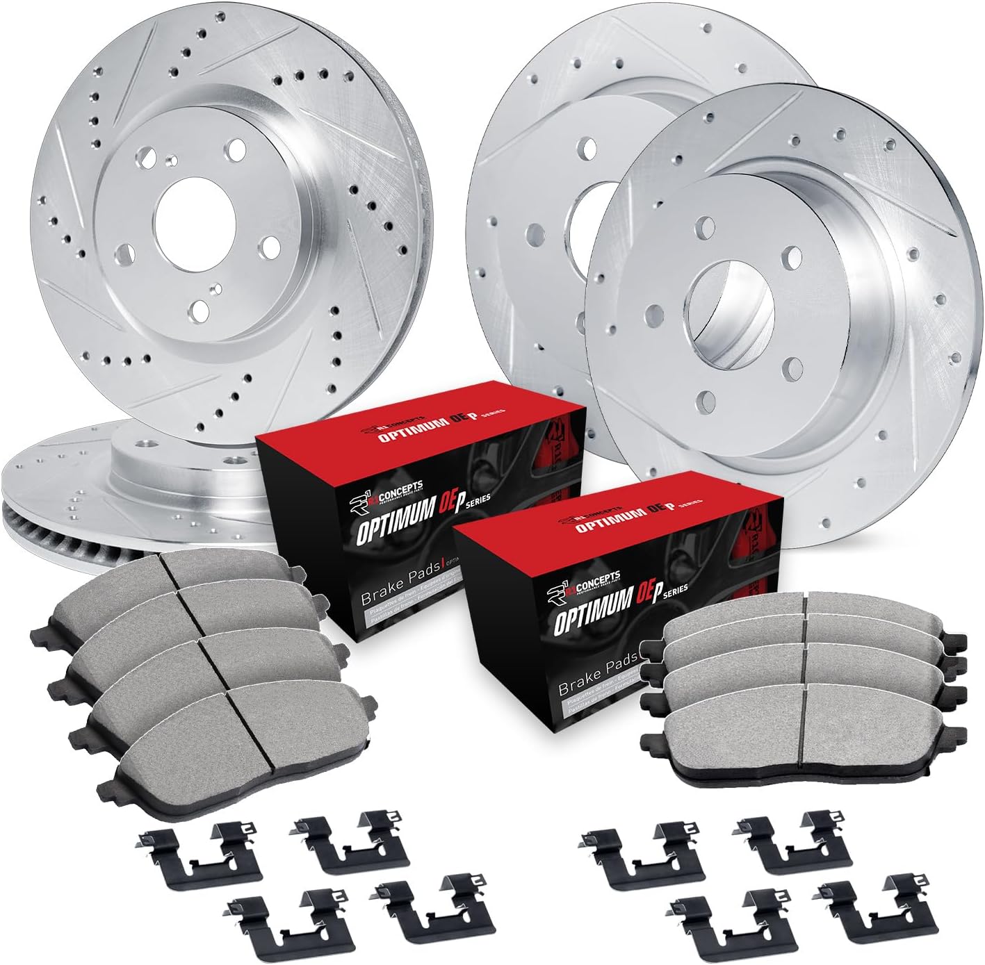 R1 Concepts Front and Rear Brake Kit Fits 2006-2011 Honda Civic Coupe Si; 2007-2011 Honda Civic Sedan Si| Optimum Oep Pads, Drilled Slotted Rotors| Hardware| 11.8' Front & 10.2' Rear
