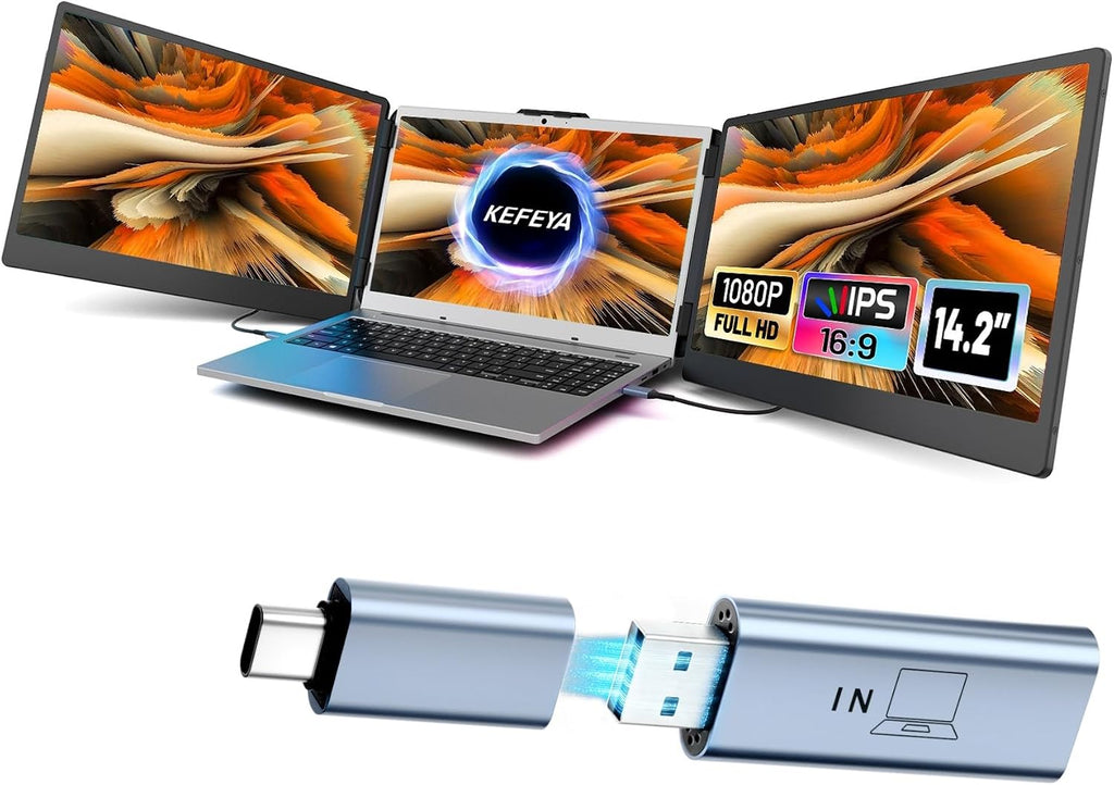 KEFEYA 14.2' Portable Triple Monitor & H6 USB Video Transmission Hub, Data to Video Signal Conversion Hub Laptop Screen Extender, Compatible with M1/M2/M3 MacBook