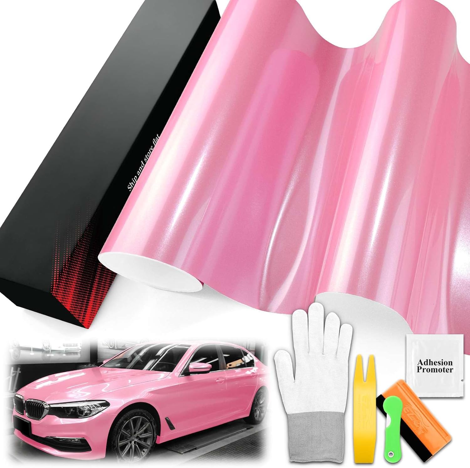 5FTx9FT PET Super Gloss Metallic Petal Pink High Glossy Vinyl Wrap Auto Car Sticker Decal Film Sheet Bubble Free Air Release Technology with Tool Set