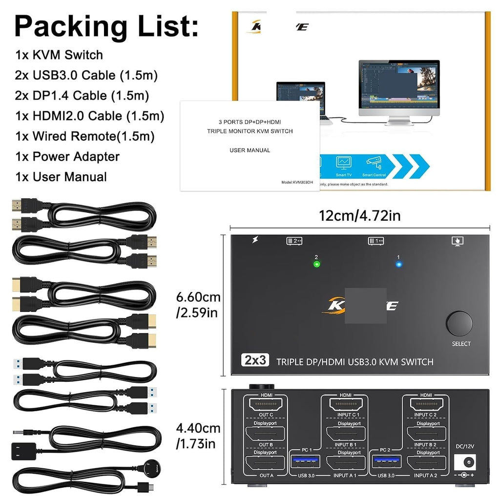 KC*EVE Triple Monitors KVM Switch 2 Displayport HDMI USB 3.0 KVM Switch 8K@60Hz 4K@144Hz 3 Monitors 2 Computers KVM with 4 USB3.0(with EU Plug)