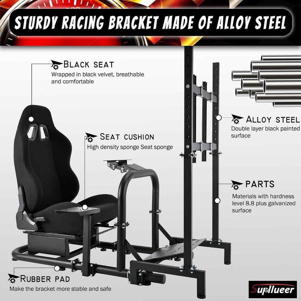Supllueer Racing Simulator Cockpit Black Seat Stand with Black Seat and Monitor Mount Fit for Logitech G923 G29 G920, for Thrustmaster T248 T300,Excluding Steering Wheel Shift Lever Pedal Display