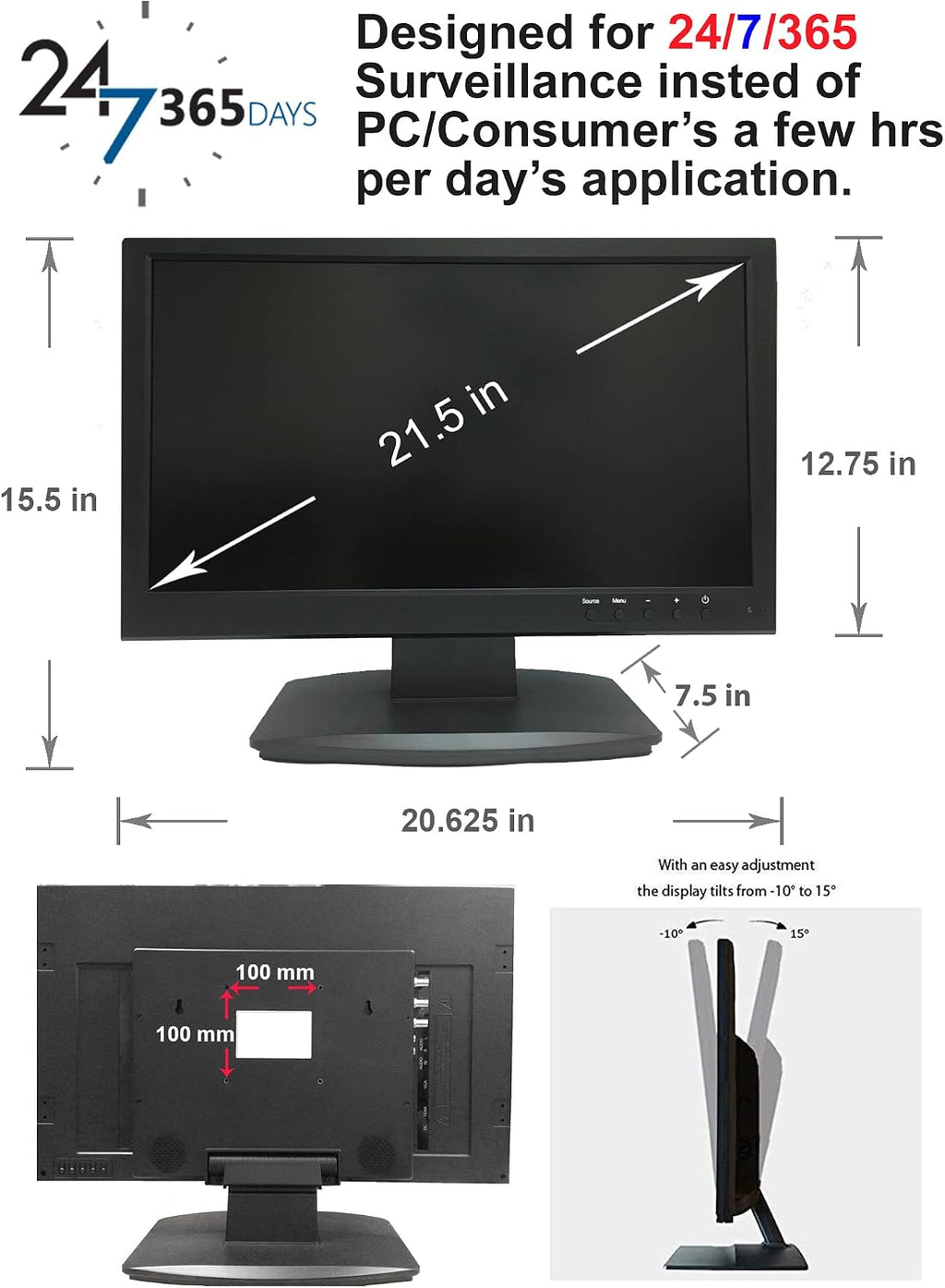 1stPV 21.5' SuperHD 5MP/2592x1944 16:9 Professional Security Monitor, 1 HDMI, 2 BNC Inputs(HD-TVI/AHD/CVI/CVBS) & 2 BNC Outputs, working with 5MP security cameras directly in addition to DVR/NVR & PC