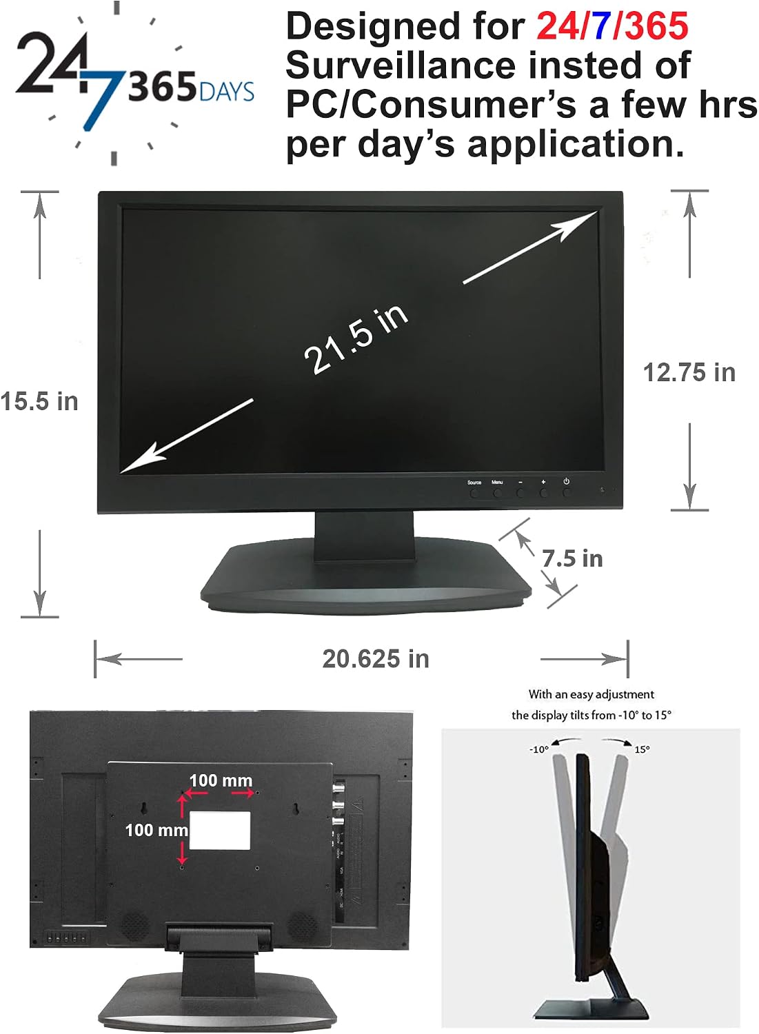 1stPV 21.5' SuperHD 5MP/2592x1944 16:9 Professional Security Monitor, 1 HDMI, 2 BNC Inputs(HD-TVI/AHD/CVI/CVBS) & 2 BNC Outputs, working with 5MP security cameras directly in addition to DVR/NVR & PC